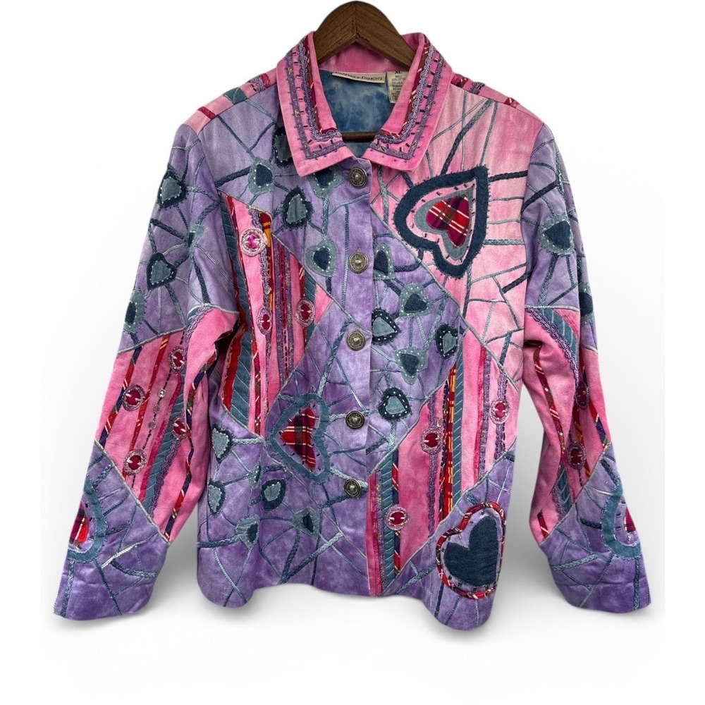 Draper's & Damon's Jacket XL Patchwork Appliqué Hearts Embroidered Boho Coat Art